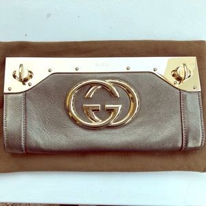 Authentic Gucci Britt Gold Bronze Metallic Clutch